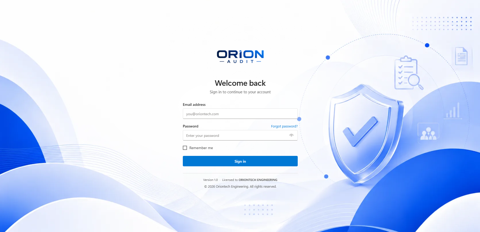 ORION AUDIT login screen